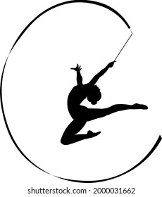 human silhouette, gymnast in an exercise with a ribbon, jump, black and white drawing