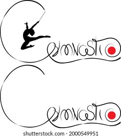 human silhouette, gymnast in an exercise with a ribbon, jump, black and white drawing