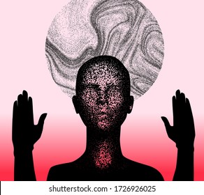 Human silhouette with halo disk behind head and rised hands. Creepy weird conceptual illustration about cults, sects and other religious spiritual movements.