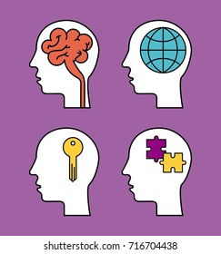 human silhouette head with brain globe puzzle and key