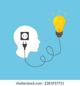 La cabeza y la bombilla de la silueta humana están enchufadas a un enchufe. Pensamiento no estándar, concepto de idea creativa. Ilustración vectorial aislada.