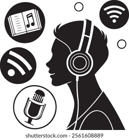 Human silhouette with headphones, face silhouette and microphone, podcast logo template. Modern sound icon. Dj or radio symbol. Audio guide, audiobook, call center sign. Podcast or blog. flat vector