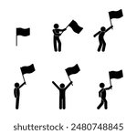 human silhouette icon with flag, stick figure man holding flag, isolated people silhouettes, stickman illustration