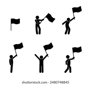 Menschliche Silhouette-Ikone mit Flagge, Strichmännchen Mann hält Flagge, isolierte Menschen Silhouetten, Strichmännchen-Illustration