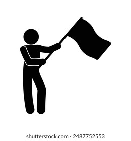 human silhouette icon with flag, stick figure man holding flag, isolated people silhouettes, stickman illustration