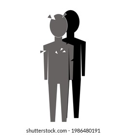Human silhouette icon that splits in two. The concept of derealization, dissociation, mental problems, mental illness.