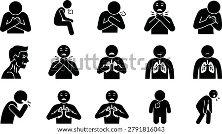 Human silhouette icons depicting various respiratory and heart health symptoms for medical infographics educational materials and healthcare