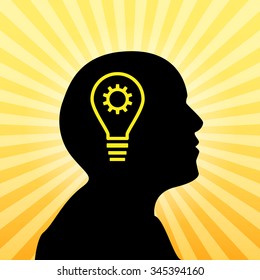Human silhouette with idea icon, concept of insight, 2d vector on sun ray background, eps 10