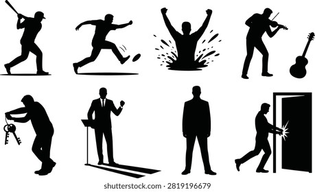 Human silhouette illustration, activity artwork design, sports music concept, achievement symbol graphic, black white lifestyle representation, creative action figure