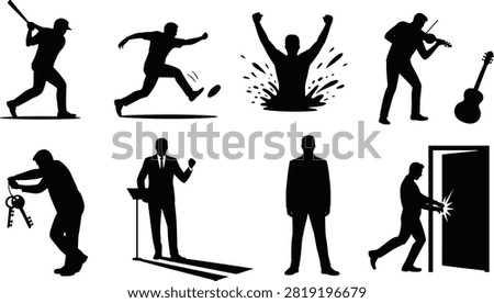 Human silhouette illustration, activity artwork design, sports music concept, achievement symbol graphic, black white lifestyle representation, creative action figure