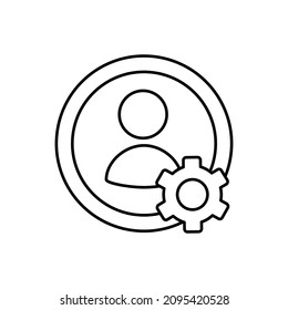 Menschliche Silhouette in einem Kreis mit einem Cograd unten. Einfache Umriss-Schwarzweiß-Vektorsymbol im modernen minimalistischen Stil mit dünnen Linien. Bearbeitbare Linienstärke
