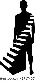 Silueta humana con escalera interna que representa el crecimiento personal, la salud mental y el viaje de autosuperación. Ilustración vectorial