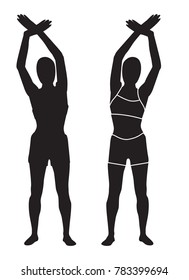 Human silhouette  isolated on white background. Stencil. Woman is stretching herself up. Her arms are in the air.