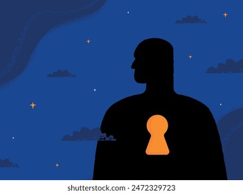 A human silhouette with a keyhole inside, a symbol of loneliness, psychological trauma, spiritual search. Textured vector illustration.