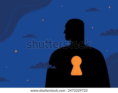 A human silhouette with a keyhole inside, a symbol of loneliness, psychological trauma, spiritual search. Textured vector illustration.