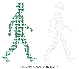 Human silhouette labyrinth, pedestrian path design, walking man activity, green puzzle illustration for health concept.