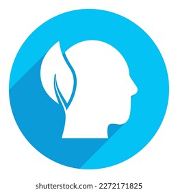 Human silhouette with a leaf. Thinking green energy. Awareness concept. flat icon. long shadow design. blue backg.