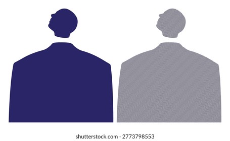 Human silhouette looking upwards, neckless head effect, wavy line pattern, dark blue figure.