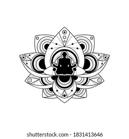 Human Silhouette with Lotus Flower Vector Template. Yoga Label Isolated with Female Meditation in Lotus Outline on White Background. Relaxation and Wellness Logo Illustration