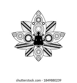 Human Silhouette with Lotus Flower Vector Template. Yoga Label Isolated with Female Meditation in Lotus Outline on White Background. Relaxation and Wellness Logo Illustration