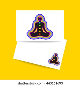 Human silhouette meditating with chakras and aura. Concept business card design for Yoga studio, Ayurveda center, Spa, Relax, Meditation club. Vector graphic illustration.
