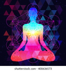 Human silhouette meditating or doing yoga. Metatrons Cube, Flower of life. Sacred geometry abstract background. Good design for textile t-shirt print, colorful poster background. Inner light.