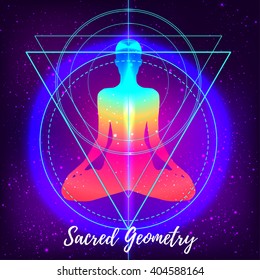 Human silhouette meditating or doing yoga. Metatrons Cube, Flower of life. Sacred geometry abstract background. Good design for textile t-shirt print, colorful poster background. Inner light.