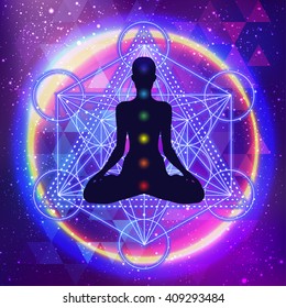 Human silhouette meditating or doing yoga. Metatrons Cube, Flower of life. Sacred geometry abstract background. Good design for textile t-shirt print, colorful poster background. Inner light.