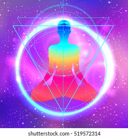 Human silhouette meditating or doing yoga. Metatrons Cube, Flower of life. Sacred geometry abstract background. Good design for textile t-shirt print, colorful poster background. Inner light