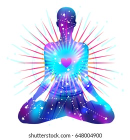 Human silhouette meditating or doing yoga. Night galaxy sky. Sacred geometry abstract background. Good design for textile t-shirt print, colorful poster background. Inner light.