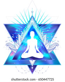 Human silhouette meditating or doing yoga. Triangle or pyramid. Sacred geometry abstract background. Good design for textile t-shirt print, colorful poster background. Inner light.