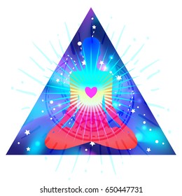 Human silhouette meditating or doing yoga. Triangle or pyramid. Sacred geometry abstract background. Good design for textile t-shirt print, colorful poster background. Inner light.