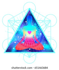 Human silhouette meditating or doing yoga. Triangle or pyramid. Sacred geometry abstract background. Good design for textile t-shirt print, colorful poster background. Inner light.