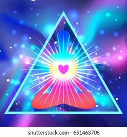 Human silhouette meditating or doing yoga. Triangle or pyramid. Sacred geometry abstract background. Good design for textile t-shirt print, colorful poster background. Inner light.