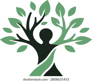 Human silhouette merging with a growing tree for wellness and nature harmony