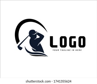 Human silhouette player Golf swing stick logo design inspiration