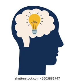 Human silhouette profile picture with bulb in the head. Creative person with new idea, human brain concept, people find solution. 