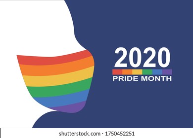 Human silhouette with protective face mask colored in rainbow LGBT flag color and text pride month. Pride and COVID-19 protection concept. Copy space for design or text. Flat vector illustration