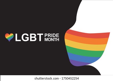 Silueta humana con máscara protectora de cara coloreada con la bandera arcoiris LGBT aislada de fondo negro. Concepto de protección de Orgullo y COVID-19. Copiar espacio para el diseño o el texto. Ilustración vectorial plana