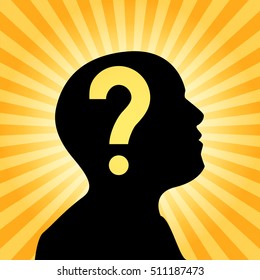 Human silhouette with question mark sign inside the head, concept of thought, 2d vector illustration on sun ray background, eps 10