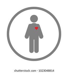 Human silhouette with red heart on his body. Vector icon.