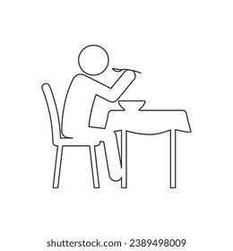 Human silhouette sits at dining table in restaurant line icon vector sign