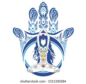 Human silhouette sitting in lotus position with chakras over hamsa symbol on background. Vector illustration of a girl isolated. Ornate hand drawn hamsa. Popular Arabic and Jewish amulet. - Vetorial