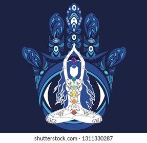 Human silhouette sitting in lotus position with chakras over hamsa symbol on background. Vector illustration of a girl isolated. Ornate hand drawn hamsa. Popular Arabic and Jewish amulet. - Vetorial