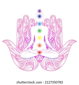 Human silhouette sitting in lotus position with chakras over hamsa symbol on background. Vector illustration of a girl isolated. Ornate hand drawn hamsa. Popular Arabic and Jewish amulet. 