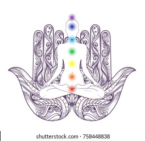 Human silhouette sitting in lotus position with chakras over hamsa symbol on background. Vector illustration of a girl isolated. Ornate hand drawn hamsa. Popular Arabic and Jewish amulet. 