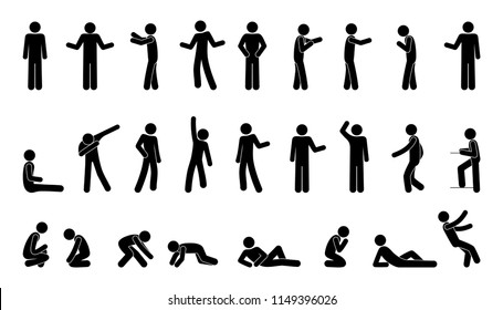 human silhouette, stick set people figure, pictogram person, different gestures and poses, vector isolated icons, man stands, sits, falls, prays, lies