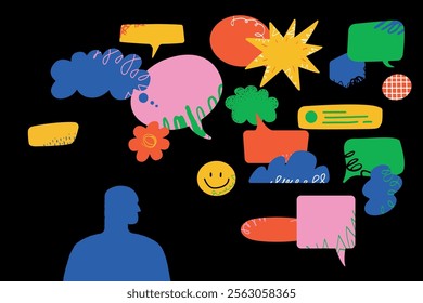 A human silhouette surrounded by a multitude of bright dialogue bubbles symbolizes ideas, creative thinking, and inspiration.