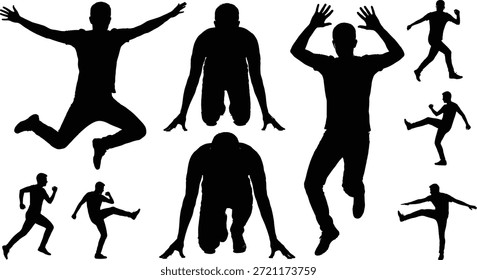 Conjunto de Vector de silueta humana de poses de acción dinámica que incluyen saltar, correr, patear, arrodillarse, diseño de ilustración de movimiento expresivo