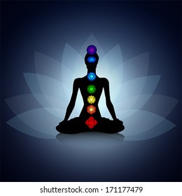 Human silhouette in yoga pose with chakras